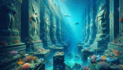 A cinematic depiction of the ancient ruins of Atlantis in a vast underwater cityscape. The scene features towering, broken towers adorned with intricate carvings, partially covered in glowing algae and coral. Sunbeams filter through the water, highlighting massive statues of mythical figures. Schools of fish and manta rays swim gracefully around the ruins, adding life to the serene yet mysterious atmosphere.