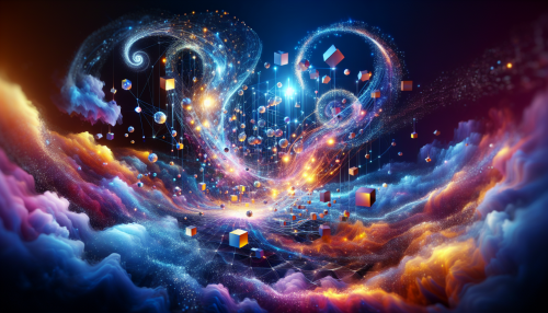 A surreal and imaginative depiction of a quantum world. The scene features a vibrant, otherworldly landscape filled with floating, glowing particles and interconnected energy waves. Geometric shapes like cubes and spheres hover in mid-air, blending seamlessly into a swirling, multicolored nebula-like background. The lighting is dynamic, with radiant neon hues of blue, purple, and gold reflecting off the shapes and creating an ethereal, almost magical atmosphere. Quantum entanglements appear as shimmering, thread-like connections between the floating objects, illustrating the beauty and mystery of a quantum universe.