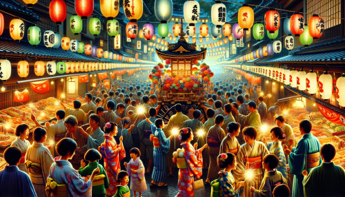 A cinematic depiction of a traditional Japanese festival at night with highly detailed elements. The scene features colorful paper lanterns hanging along a bustling street filled with food stalls offering traditional delicacies. People in vibrant yukatas enjoy the festivities, while children play with sparklers. A towering mikoshi (portable shrine) is carried by participants, surrounded by a cheerful crowd. The warm glow of the lanterns illuminates the lively and joyful atmosphere.