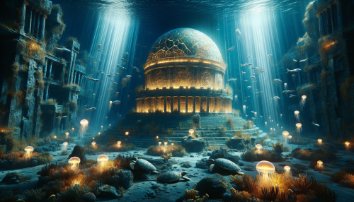 A cinematic depiction of the ancient ruins of Atlantis with a central glowing temple. The scene features a massive dome-like structure with cracked golden engravings, surrounded by smaller ruined buildings covered in coral and marine life. Bright beams of light radiate from the temple, piercing through the dark, murky waters. Sea turtles and jellyfish float gracefully around the scene, enhancing the mystical atmosphere.