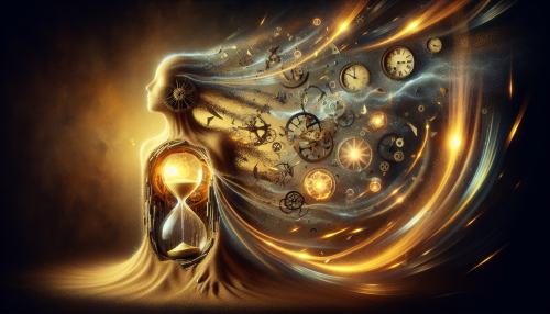 A surreal artistic depiction of time personified. The scene features an ethereal figure made of flowing sand and glowing clock gears, with an hourglass at its core. The figure's form constantly shifts and morphs, symbolizing the fluidity and inevitability of time. Surrounding the figure are fragmented clock faces and swirling trails of light, creating a dreamlike and otherworldly atmosphere. The lighting is soft and golden, emphasizing the mystical and infinite nature of time, with shadows stretching infinitely into the distance.