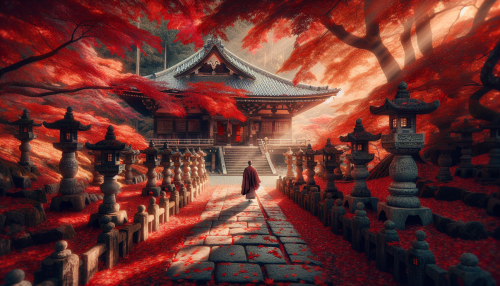 A cinematic depiction of a traditional Japanese temple during autumn with highly detailed elements. The scene features a grand wooden temple surrounded by vibrant red and orange maple leaves. Stone lanterns line the pathway leading to the temple, and the air is filled with a sense of tranquility. A monk in traditional robes walks along the path, adding a cultural and serene touch to the scene. Soft sunlight filters through the trees, enhancing the warm tones of the landscape.