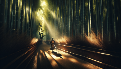 A cinematic depiction of a traditional Japanese bamboo forest with highly detailed elements. The scene features tall, lush bamboo stalks reaching towards the sky, creating a serene and shaded pathway. Sunlight filters through the dense foliage, casting dappled light on the ground. A figure in a traditional samurai outfit walks through the forest, their katana reflecting the sunlight. The atmosphere is tranquil and filled with a sense of ancient tradition.