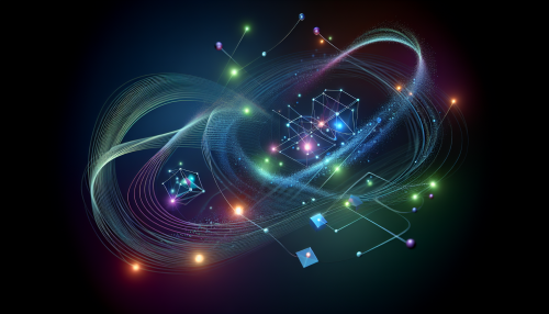 A unique depiction of a quantum world in a minimalist yet vibrant style. The scene features glowing particles orbiting around abstract geometric forms, all floating in a dark void. The particles emit soft light in hues of blue, green, and violet, creating a harmonious interplay of color and light. Subtle, thread-like connections link the particles, symbolizing quantum entanglement. The overall design is sleek and futuristic, with clean lines and a focus on simplicity, emphasizing the beauty of quantum phenomena in an abstract manner.