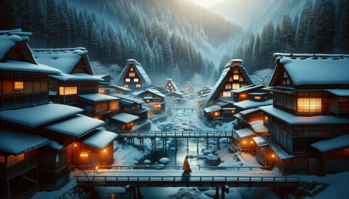 A cinematic depiction of a serene Japanese mountain village in winter with highly detailed elements. The scene features traditional wooden houses covered in snow, with warm light glowing from their windows. The village is surrounded by tall pine trees dusted with snow, and a frozen river runs through the center. A figure wearing a straw snowcoat walks across a wooden bridge, adding a sense of quiet tradition. The atmosphere is peaceful and enchanting.