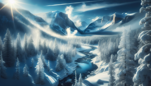 A cinematic depiction of Yellowstone National Park in winter. The scene features snow-covered landscapes with frosty pine trees, a serene frozen river, and steam rising dramatically from a geyser in the distance. Towering snow-capped mountains frame the background under a clear blue sky. The lighting is crisp and cool, with soft sunlight reflecting off the pristine snow, creating a tranquil and majestic winter atmosphere.