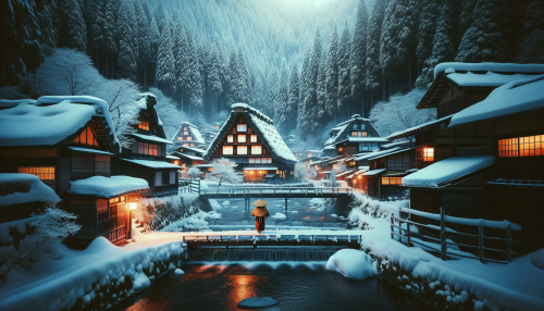 A cinematic depiction of a serene Japanese mountain village in winter with highly detailed elements. The scene features traditional wooden houses covered in snow, with warm light glowing from their windows. The village is surrounded by tall pine trees dusted with snow, and a frozen river runs through the center. A figure wearing a straw snowcoat walks across a wooden bridge, adding a sense of quiet tradition. The atmosphere is peaceful and enchanting.