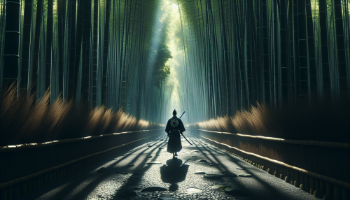 A cinematic depiction of a traditional Japanese bamboo forest with highly detailed elements. The scene features tall, lush bamboo stalks reaching towards the sky, creating a serene and shaded pathway. Sunlight filters through the dense foliage, casting dappled light on the ground. A figure in a traditional samurai outfit walks through the forest, their katana reflecting the sunlight. The atmosphere is tranquil and filled with a sense of ancient tradition.