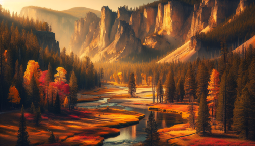 A cinematic depiction of Yellowstone National Park in autumn. The scene features vibrant fall foliage with golden and red leaves covering the trees and scattered across the ground. A calm river winds through the landscape, reflecting the fiery colors of the season. Towering rocky cliffs rise in the background, contrasting beautifully with the warm hues of the forest. The lighting is soft and golden, capturing the essence of autumn's tranquility and beauty in Yellowstone.