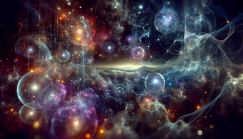 An alternate depiction of a quantum world, showcasing a mysterious and intricate environment. The scene is filled with glowing orbs, pulsating energy fields, and intricate fractal-like patterns. Transparent, crystalline structures rise from the ground, reflecting light in a spectrum of colors. The background is a swirling cosmic expanse, with luminous threads connecting various elements, symbolizing quantum entanglement. The overall atmosphere is surreal, blending elements of science fiction and fantasy, with soft, ambient lighting creating a sense of depth and wonder.