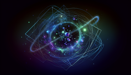 A unique depiction of a quantum world in a minimalist yet vibrant style. The scene features glowing particles orbiting around abstract geometric forms, all floating in a dark void. The particles emit soft light in hues of blue, green, and violet, creating a harmonious interplay of color and light. Subtle, thread-like connections link the particles, symbolizing quantum entanglement. The overall design is sleek and futuristic, with clean lines and a focus on simplicity, emphasizing the beauty of quantum phenomena in an abstract manner.