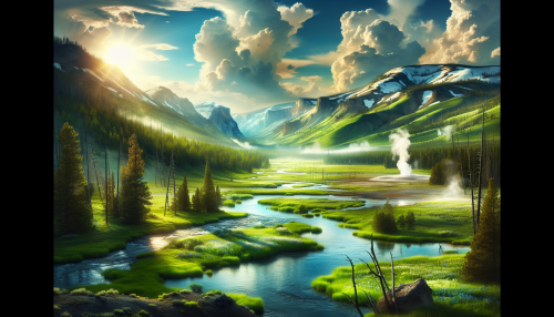 A cinematic depiction of Yellowstone National Park in spring. The scene features lush green meadows with blooming wildflowers, a serene river winding through the landscape, and a backdrop of snow-capped mountains. Soft sunlight filters through scattered clouds, highlighting the vibrant greenery and the new life of the season. Steam rises gently from a nearby geyser, adding a touch of Yellowstone's unique geothermal activity to the tranquil scene.