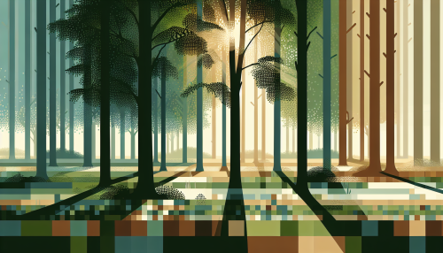 A minimalist artistic depiction of a tranquil forest clearing, featuring simple vertical lines for trees and soft, overlapping color blocks representing sunlight filtering through the canopy. The composition uses earthy greens, warm browns, and golden yellows to create a peaceful and modern aesthetic.