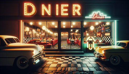 A nostalgic and vintage-style depiction of a 1950s diner at night. The scene features neon signs glowing softly, retro cars parked outside, and a checkerboard-tiled floor inside visible through the large glass windows. A jukebox is placed near the entrance, with warm yellow and red hues dominating the color palette. The atmosphere is cozy, evoking memories of classic American culture.