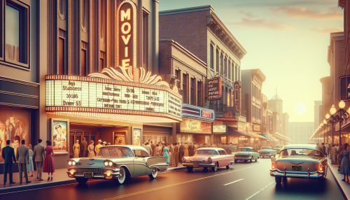 A nostalgic and vintage-style depiction of a 1960s movie theater on a bustling urban street. The theater has a large marquee with glowing lights and classic film titles. Vintage cars are parked along the street, and pedestrians in period clothing walk by. The color palette features soft pastel tones with warm lighting, creating a lively and nostalgic atmosphere.