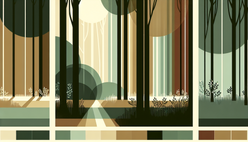 A minimalist artistic depiction of a tranquil forest clearing, featuring simple vertical lines for trees and soft, overlapping color blocks representing sunlight filtering through the canopy. The composition uses earthy greens, warm browns, and golden yellows to create a peaceful and modern aesthetic.