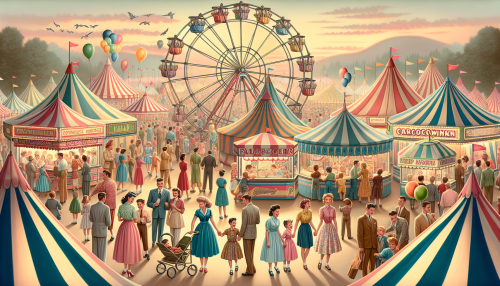 A nostalgic and vintage-style depiction of a mid-20th-century carnival. The scene includes a Ferris wheel, a merry-go-round, and colorful tents with retro patterns. Families and children in period clothing enjoy the festivities, with balloons and popcorn stands in the background. The color palette uses warm, faded pastel tones with soft evening light, evoking a lively yet nostalgic atmosphere.