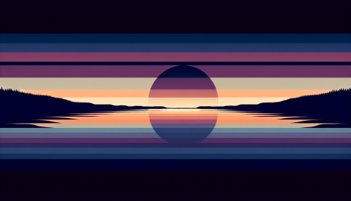 A minimalist artistic depiction of a calm lakeside at twilight, featuring abstract horizontal lines and color blocks representing the water, sky, and distant shoreline. The palette includes deep purples, soft oranges, and muted blues, evoking a sense of tranquility and modern elegance.