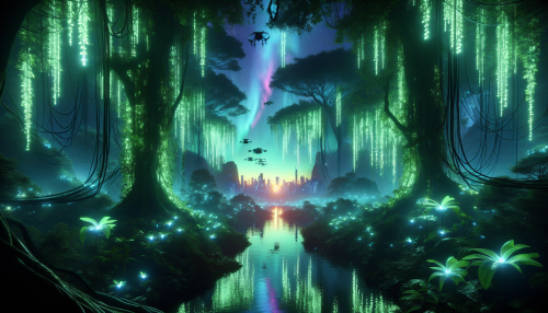 A cinematic cyberpunk-style depiction of a dense jungle illuminated by glowing neon vines and trees with bioluminescent leaves. A reflective river flows through the jungle, with futuristic drones hovering above the water. The night sky is lit with electric blue and pink auroras, and distant high-tech structures rise from the jungle canopy. The atmosphere blends untouched natural beauty with advanced cyberpunk technology, featuring intricate details and dramatic lighting.