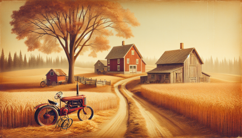 A nostalgic and vintage-style depiction of a mid-20th-century countryside scene. The setting includes a dirt road leading to a small wooden farmhouse, surrounded by golden fields and a red barn. There are vintage bicycles and an old-fashioned tractor in the foreground. The color palette uses warm sepia tones with soft lighting, creating a tranquil and nostalgic atmosphere.