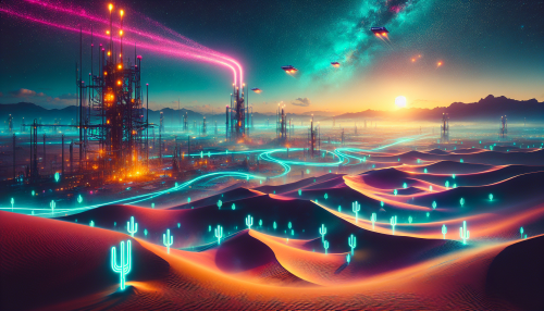 A cinematic cyberpunk-style depiction of a sprawling desert illuminated by glowing neon cacti and shimmering sands reflecting bioluminescent hues. Advanced solar towers scatter the landscape, collecting energy from a vibrant teal and purple sky. Hovering vehicles zip through the air, creating trails of light. The scene combines the stark beauty of the desert with futuristic cyberpunk technology, featuring intricate details and dramatic lighting.