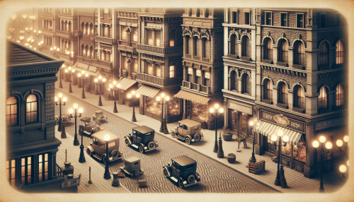 A nostalgic and vintage-style depiction of a mid-20th-century city street. The scene features cobblestone roads, retro cars, and old-fashioned streetlamps. The buildings have intricate brickwork and shopfronts with vintage signage. The atmosphere is warm, with muted sepia tones and soft lighting, evoking a sense of nostalgia and timeless charm.