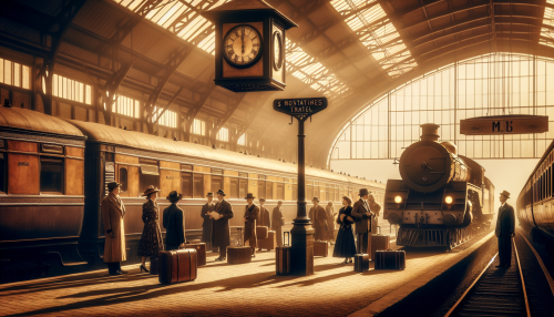 A nostalgic and vintage-style depiction of a mid-20th-century train station. The setting includes a platform with an old steam locomotive, travelers in retro clothing carrying suitcases, and a large clock tower in the background. The scene uses warm sepia and golden tones, with soft sunlight streaming through the train station roof, evoking a sense of timeless travel.