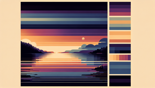 A minimalist artistic depiction of a calm lakeside at twilight, featuring abstract horizontal lines and color blocks representing the water, sky, and distant shoreline. The palette includes deep purples, soft oranges, and muted blues, evoking a sense of tranquility and modern elegance.