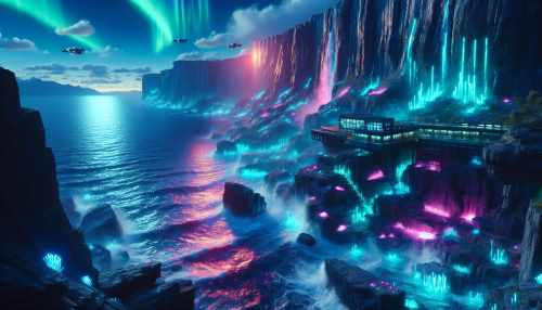 A cinematic cyberpunk-style depiction of a coastal cliffside illuminated by neon-lit algae and glowing bioluminescent plants. Waves crash against the rocks, reflecting vibrant blues and pinks from the auroras above. Futuristic structures are embedded in the cliffs, with drones patrolling the area. The scene combines the rugged natural beauty of the coastline with advanced cyberpunk aesthetics, featuring intricate details and dramatic lighting.