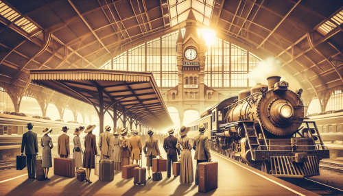 A nostalgic and vintage-style depiction of a mid-20th-century train station. The setting includes a platform with an old steam locomotive, travelers in retro clothing carrying suitcases, and a large clock tower in the background. The scene uses warm sepia and golden tones, with soft sunlight streaming through the train station roof, evoking a sense of timeless travel.