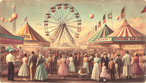 A nostalgic and vintage-style depiction of a mid-20th-century carnival. The scene includes a Ferris wheel, a merry-go-round, and colorful tents with retro patterns. Families and children in period clothing enjoy the festivities, with balloons and popcorn stands in the background. The color palette uses warm, faded pastel tones with soft evening light, evoking a lively yet nostalgic atmosphere.