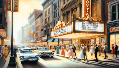 A nostalgic and vintage-style depiction of a 1960s movie theater on a bustling urban street. The theater has a large marquee with glowing lights and classic film titles. Vintage cars are parked along the street, and pedestrians in period clothing walk by. The color palette features soft pastel tones with warm lighting, creating a lively and nostalgic atmosphere.