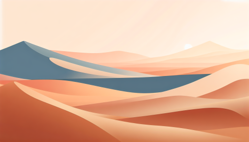 A minimalist artistic depiction of a serene desert landscape, featuring smooth gradients and simple shapes to represent rolling dunes and a distant horizon. The color palette includes warm sandy tones, soft peach, and pale blues, creating a tranquil and modern aesthetic.