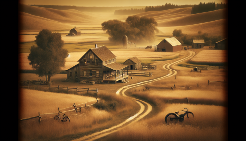 A nostalgic and vintage-style depiction of a mid-20th-century countryside scene. The setting includes a dirt road leading to a small wooden farmhouse, surrounded by golden fields and a red barn. There are vintage bicycles and an old-fashioned tractor in the foreground. The color palette uses warm sepia tones with soft lighting, creating a tranquil and nostalgic atmosphere.