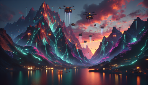 A cinematic cyberpunk-style depiction of a mountain range glowing with neon-lit veins of minerals and bioluminescent moss. Futuristic cable cars traverse between the peaks, illuminated by a glowing orange and pink sky. The reflective surfaces of a nearby lake mirror the vibrant colors, and hovering drones patrol the area. The scene blends the majesty of the natural mountain landscape with cyberpunk technological elements, featuring intricate details and dramatic lighting.