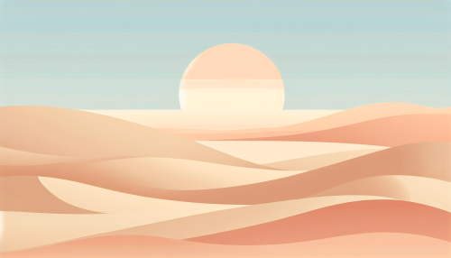 A minimalist artistic depiction of a serene desert landscape, featuring smooth gradients and simple shapes to represent rolling dunes and a distant horizon. The color palette includes warm sandy tones, soft peach, and pale blues, creating a tranquil and modern aesthetic.