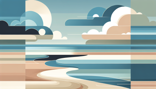 A minimalist artistic depiction of a serene beach scene, featuring smooth color blocks and simple lines. The composition emphasizes the vast open sky blending into the ocean, with a few abstract forms representing waves. The color palette includes soft blues, sandy neutrals, and white accents, creating a tranquil and modern aesthetic.