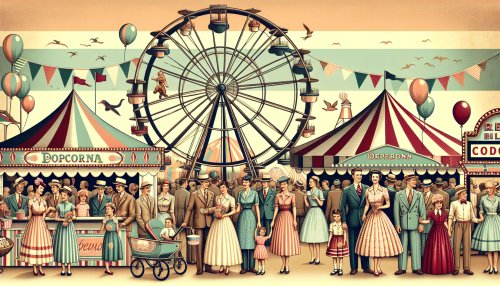 A nostalgic and vintage-style depiction of a mid-20th-century carnival. The scene includes a Ferris wheel, a merry-go-round, and colorful tents with retro patterns. Families and children in period clothing enjoy the festivities, with balloons and popcorn stands in the background. The color palette uses warm, faded pastel tones with soft evening light, evoking a lively yet nostalgic atmosphere.