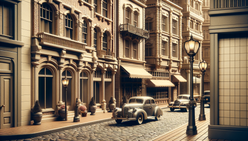 A nostalgic and vintage-style depiction of a mid-20th-century city street. The scene features cobblestone roads, retro cars, and old-fashioned streetlamps. The buildings have intricate brickwork and shopfronts with vintage signage. The atmosphere is warm, with muted sepia tones and soft lighting, evoking a sense of nostalgia and timeless charm.