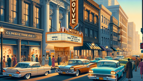 A nostalgic and vintage-style depiction of a 1960s movie theater on a bustling urban street. The theater has a large marquee with glowing lights and classic film titles. Vintage cars are parked along the street, and pedestrians in period clothing walk by. The color palette features soft pastel tones with warm lighting, creating a lively and nostalgic atmosphere.