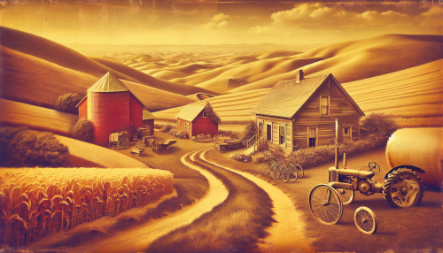 A nostalgic and vintage-style depiction of a mid-20th-century countryside scene. The setting includes a dirt road leading to a small wooden farmhouse, surrounded by golden fields and a red barn. There are vintage bicycles and an old-fashioned tractor in the foreground. The color palette uses warm sepia tones with soft lighting, creating a tranquil and nostalgic atmosphere.