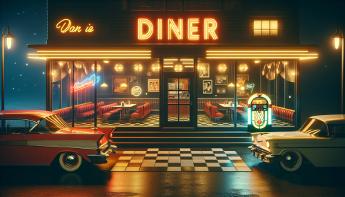 A nostalgic and vintage-style depiction of a 1950s diner at night. The scene features neon signs glowing softly, retro cars parked outside, and a checkerboard-tiled floor inside visible through the large glass windows. A jukebox is placed near the entrance, with warm yellow and red hues dominating the color palette. The atmosphere is cozy, evoking memories of classic American culture.