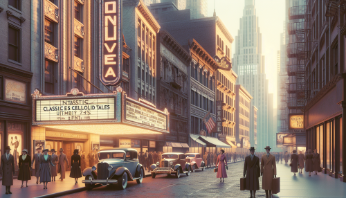 A nostalgic and vintage-style depiction of a 1960s movie theater on a bustling urban street. The theater has a large marquee with glowing lights and classic film titles. Vintage cars are parked along the street, and pedestrians in period clothing walk by. The color palette features soft pastel tones with warm lighting, creating a lively and nostalgic atmosphere.