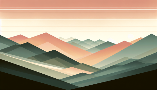 A minimalist artistic depiction of a peaceful mountain range at sunrise, featuring abstract geometric lines and soft gradients. The composition emphasizes the gentle slopes and peaks with subtle color blocks in warm oranges, soft pinks, and muted greens. The focus is on creating a calm and modern aesthetic, capturing the stillness of the early morning.