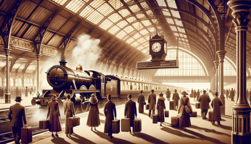 A nostalgic and vintage-style depiction of a mid-20th-century train station. The setting includes a platform with an old steam locomotive, travelers in retro clothing carrying suitcases, and a large clock tower in the background. The scene uses warm sepia and golden tones, with soft sunlight streaming through the train station roof, evoking a sense of timeless travel.