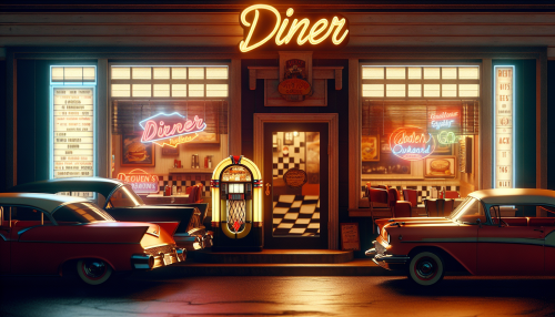 A nostalgic and vintage-style depiction of a 1950s diner at night. The scene features neon signs glowing softly, retro cars parked outside, and a checkerboard-tiled floor inside visible through the large glass windows. A jukebox is placed near the entrance, with warm yellow and red hues dominating the color palette. The atmosphere is cozy, evoking memories of classic American culture.