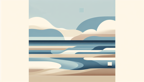 A minimalist artistic depiction of a serene beach scene, featuring smooth color blocks and simple lines. The composition emphasizes the vast open sky blending into the ocean, with a few abstract forms representing waves. The color palette includes soft blues, sandy neutrals, and white accents, creating a tranquil and modern aesthetic.