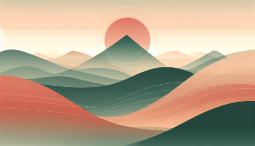 A minimalist artistic depiction of a peaceful mountain range at sunrise, featuring abstract geometric lines and soft gradients. The composition emphasizes the gentle slopes and peaks with subtle color blocks in warm oranges, soft pinks, and muted greens. The focus is on creating a calm and modern aesthetic, capturing the stillness of the early morning.