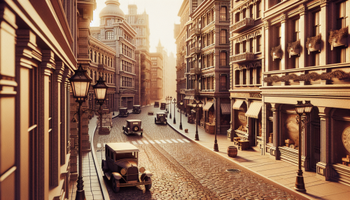 A nostalgic and vintage-style depiction of a mid-20th-century city street. The scene features cobblestone roads, retro cars, and old-fashioned streetlamps. The buildings have intricate brickwork and shopfronts with vintage signage. The atmosphere is warm, with muted sepia tones and soft lighting, evoking a sense of nostalgia and timeless charm.