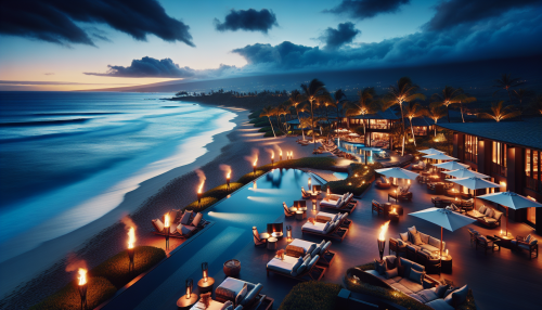 A cinematic depiction of a luxurious Hawaiian beachfront resort at twilight, featuring glowing tiki torches, cozy lounge chairs, and waves softly lapping the shore. The setting is perfect for relaxation and indulgence.